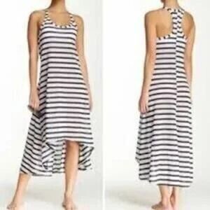 Spanx Racer Back Striped Built In Bra Hi Low Hem  Dress Swim Cover Up NWT Small